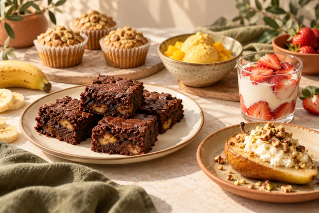 Composición ilustrativa de brownies, muffins de avena, yogur con fresas, helado de mango y pera asada